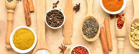 Set of aromatic spices on beige background. Banner designの写真素材