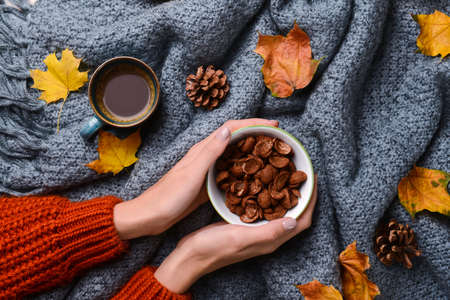 Female hands with bowl of chocolate cornflakes, cup of coffee and autumn leaves on fabric background, closeupの写真素材