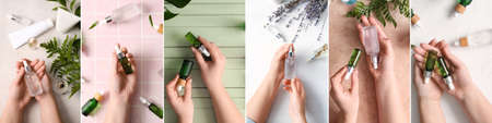 Collage with female hands and different cosmetic serumの写真素材