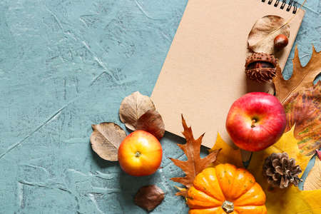 Composition with notebook, apples, pumpkin and autumn leaves on color backgroundの写真素材