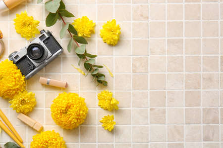 Decorative cosmetics, retro photo camera and yellow chrysanthemum flowers on light backgroundの写真素材