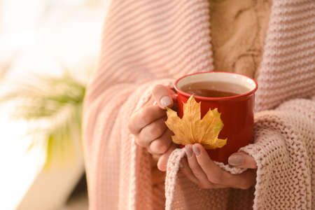 Woman with cup of hot tea and autumn leaf at home, closeupの写真素材