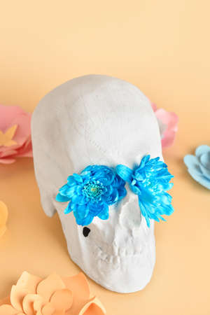 Human skull with flowers on beige backgroundの写真素材
