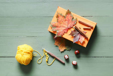 Composition with knitting yarn, book and autumn leaves on color wooden backgroundの写真素材