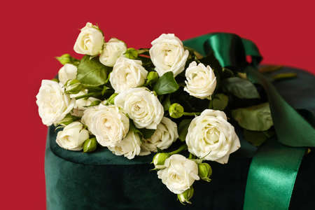 Bouquet of beautiful roses on pouf near red wallの写真素材