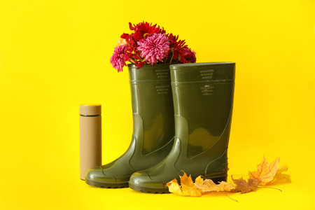 Rubber boots with flowers, flask and fallen leaves on yellow backgroundの写真素材
