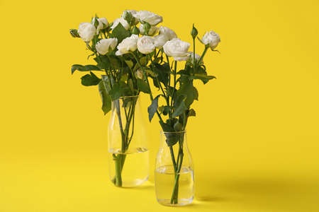 Vases with bouquet of beautiful roses on yellow background