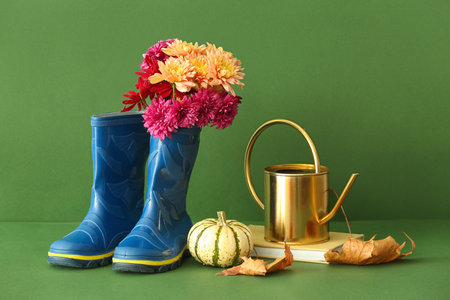Rubber boots, watering can, book and pumpkin on color backgroundの写真素材