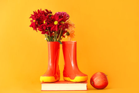 Rubber boots, flowers, book and apple on color backgroundの写真素材