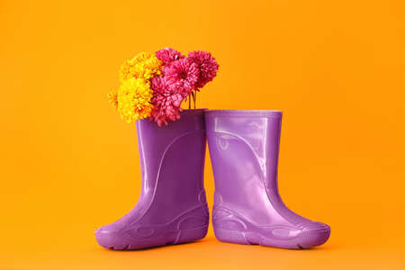 Rubber boots and flowers on color backgroundの写真素材