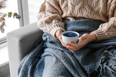 Woman with cup of tasty blue tea sitting on sofa at homeの写真素材