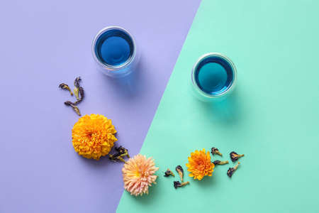 Cups of blue tea and flowers on color backgroundの写真素材