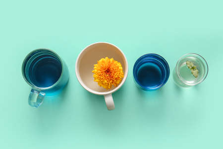 Cups of tasty blue tea and flowers on color backgroundの写真素材