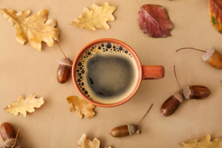 Cup of coffee with acorns and autumn leaves on color wooden backgroundの写真素材