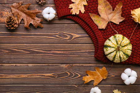 Autumn composition with cotton flowers, sweater and pumpkin on wooden backgroundの写真素材