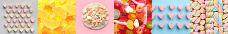 Collage with many different candies and sweetsの写真素材