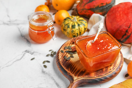 Bowl of sweet pumpkin jam on white marble backgroundの写真素材