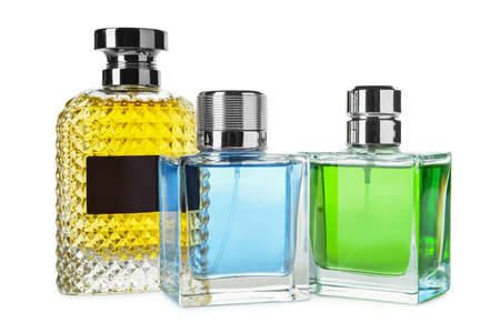 Bottles of aromatic perfume on white backgroundの写真素材