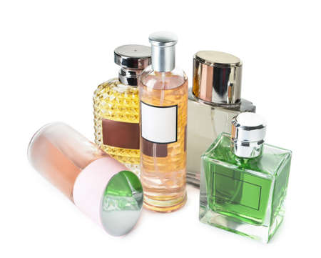 Bottles of aromatic perfume on white backgroundの写真素材