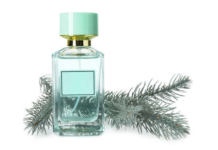 Bottle of aromatic perfume and fir branch on white backgroundの写真素材