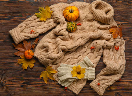 Warm sweater, gloves and autumn decor on wooden backgroundの写真素材