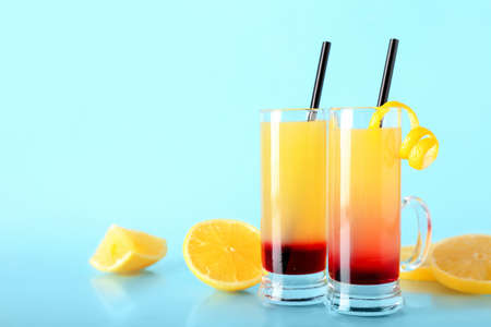 Tasty Pineapple Upside Down Cake Shots on blue background, closeupの写真素材