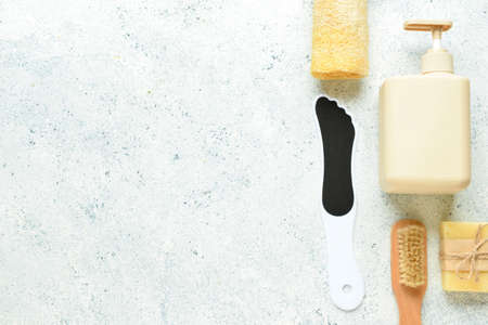 Bath supplies for foot massage on light backgroundの写真素材