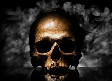 human skull and smoke on black backgroundの写真素材