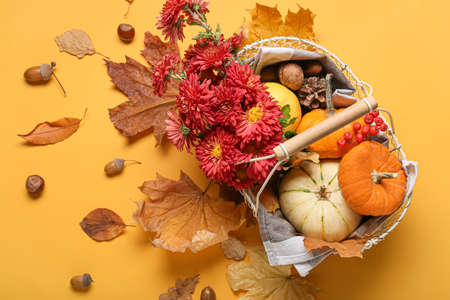 Composition with pumpkins, flowers and autumn leaves on color backgroundの写真素材