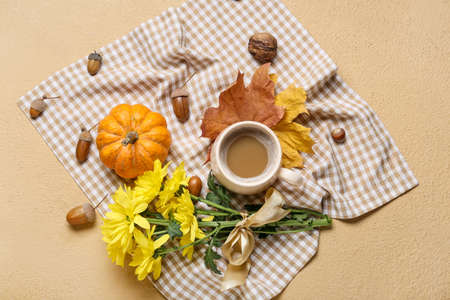 Composition with cup of coffee, pumpkin and flowers on color background