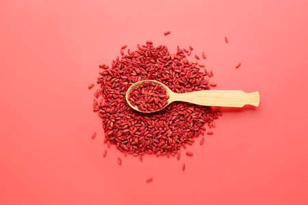 Spoon with dried barberries on red backgroundの写真素材