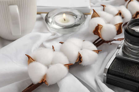 Branch of cotton flowers, photo camera, burning candle and cup of coffee on tableの写真素材
