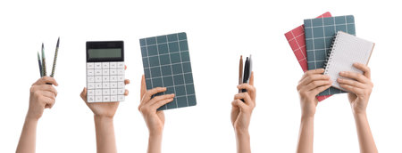 Many hands with school supplies isolated on whiteの写真素材