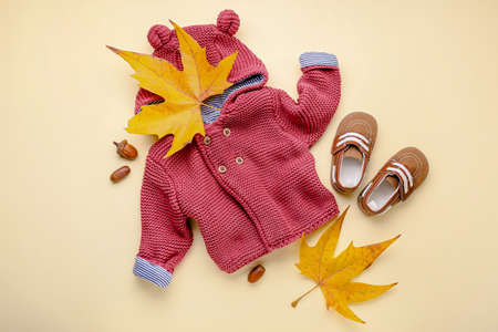 Stylish baby clothes, shoes and autumn leaves on color backgroundの写真素材