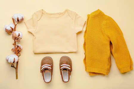 Stylish baby clothes, shoes and cotton branch on color backgroundの写真素材