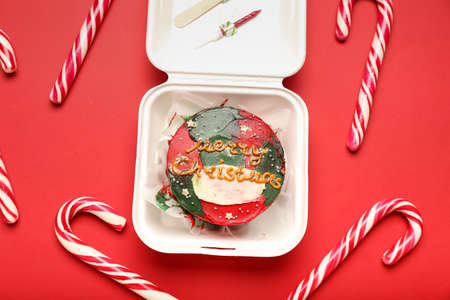 Plastic lunch box with Christmas bento cake and candies on red background