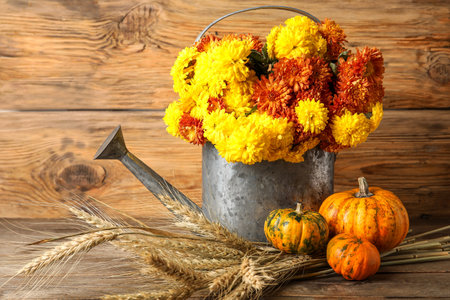 Watering can with beautiful Chrysanthemum flowers and pumpkins on wooden backgroundの写真素材