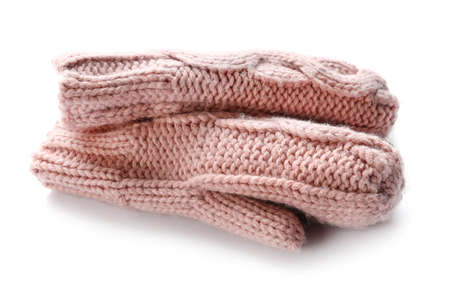 Knitted mittens on white background, closeupの写真素材