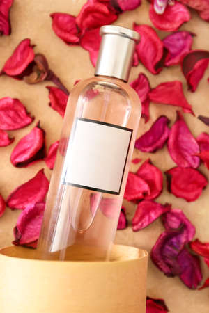 Bottle of perfume and petals on color backgroundの写真素材