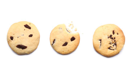 Tasty homemade cookies with chocolate chips on white backgroundの写真素材