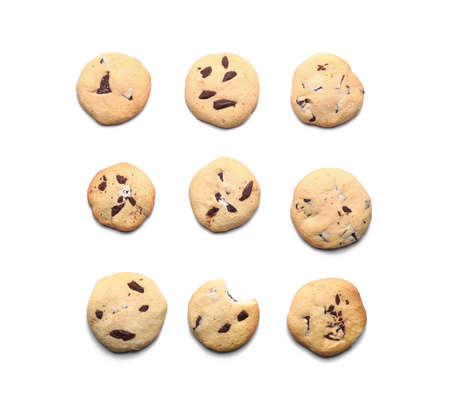 Tasty homemade cookies with chocolate chips on white background