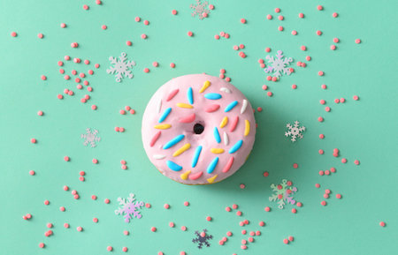 Sweet donut and sprinkles on color background