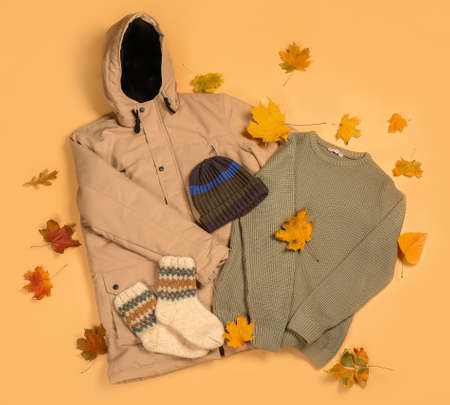 Stylish male jacket, sweater, socks, hat and autumn leaves on color background