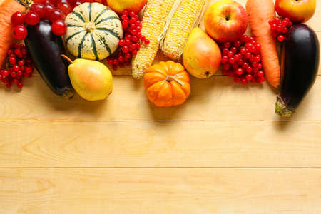 Different healthy food on wooden background. harvest festival