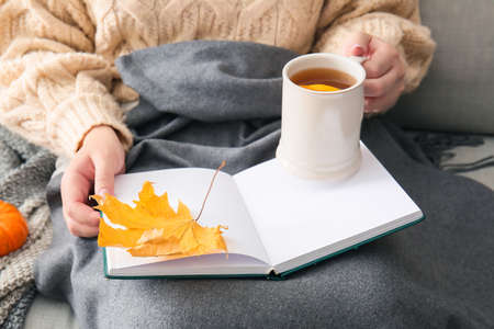 Woman holding cup of tea, opened book and autumn leaf, closeupの写真素材