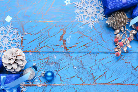Beautiful Christmas decor on blue wooden backgroundの写真素材