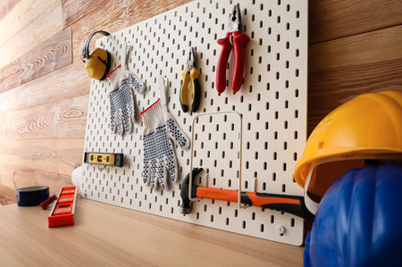 Pegboard with different modern tools on desk near wooden wall, closeupの写真素材