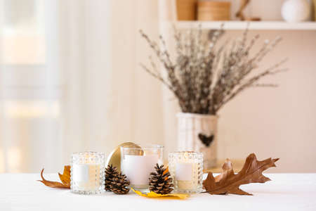 Burning candles in holders with autumn decor on table in room