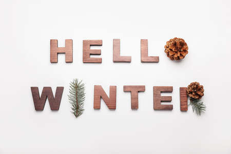 Text HELLO WINTER made of wooden letters, fir branches and cones on white background