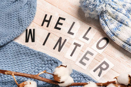 Composition with text HELLO WINTER, warm hat, sweater and cotton branch on light wooden background,...